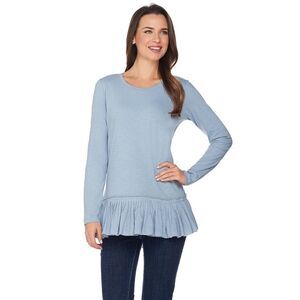 Logo Lori Goldstein Long Top Tunic Peplum Soft T-Shirt Blue Medium Light